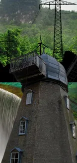 Windmill with waterfall in lush green landscape wallpaper.