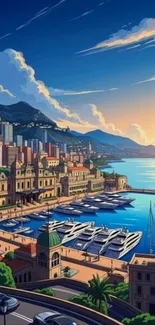 Vibrant harbor and cityscape at sunset with boats and buildings.