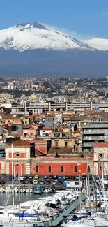 Scenic city harbor with mountain backdrop and vibrant blue waters.