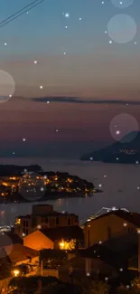 Scenic harbor at night with starry sky and glowing city lights.