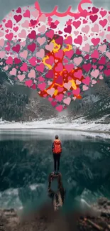 Hiker by a lake with heart overlay and mountainous background.