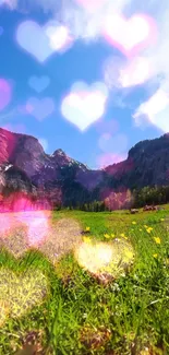 Mountain meadow with heart bokeh and blue sky.