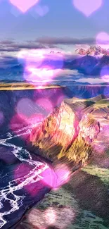 Scenic landscape with heart overlay and pink hues.