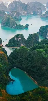 Aerial view of a scenic heart-shaped lake surrounded by lush green mountains.