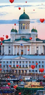 Helsinki cityscape at sunset with iconic landmarks and vibrant sky.