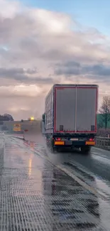 Truck on highway at dusk with dramatic clouds and reflections.