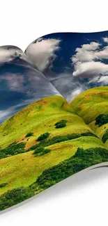 Scenic rolling hills under a dramatic cloudy sky.