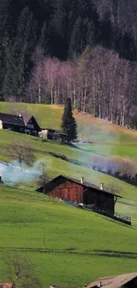 Peaceful hillside cabins with green meadows in scenic landscape