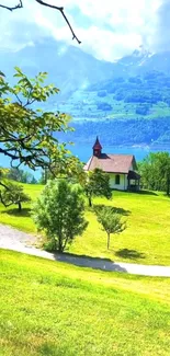 Mobile wallpaper of a scenic hillside with a lake view and lush greenery.