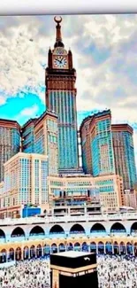 Vibrant skyline of Mecca with blue sky and magnificent architecture.