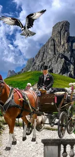 Horse carriage journey through green hills and mountains.