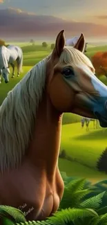 Beautiful horse in a lush green landscape with vibrant colors and serene scenery.