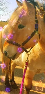 Majestic horse in a rural roadside scene with golden light.