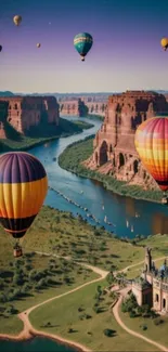 Colorful hot air balloons over scenic canyon.