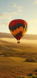 Hot air balloon floating over a scenic sunrise landscape.