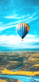 Hot air balloon floating over a golden landscape under a bright blue sky.