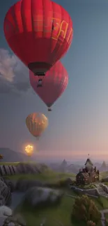 Hot air balloons float over a scenic landscape at sunset.