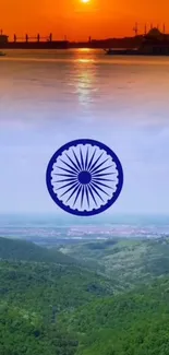 Scenic Indian landscape with sunset and Ashoka Chakra emblem.