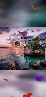 Scenic island at sunset with butterflies fluttering over an ocean view.