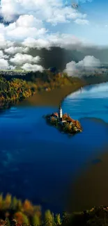 Serene island surrounded by blue lake and lush greenery under a cloudy sky.