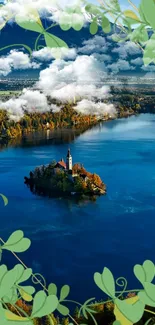 Serene lake view wallpaper with island framed by clouds and mountains.