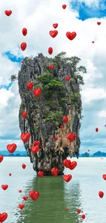 Beautiful island with lush greenery and rock formations over water.