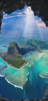 Island scene through cave with blue ocean and sky.