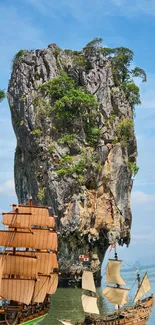Island rock and wooden sailing ships under blue sky.