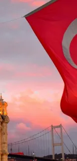 Istanbul sunset with Bosphorus view and Turkish flag.