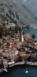 Aerial view of a picturesque Italian lakeside village with mountains.