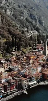 Aerial view of a picturesque Italian lakeside village with colorful houses.