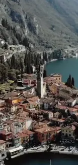 Aerial view of a picturesque Italian village by the lake with beautiful landscapes.