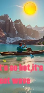 Kayaker on a lake with mountains under a bright summer sun.