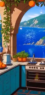 Illustration of a kitchen with an ocean view and vibrant colors.