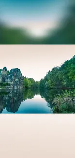 Serene lake with cliffs and lush greenery in a tranquil nature setting.