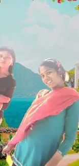 Two women in traditional attire near scenic lake and garden with vibrant flowers.