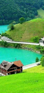 Scenic green hills and turquoise lake mobile wallpaper.