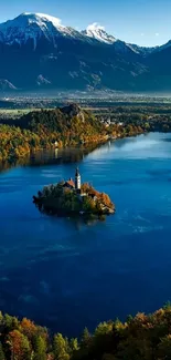 Scenic lake with mountains and island view.