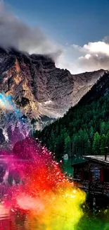 Serene mountain lake with wooden cabin, vibrant colors and rainbow effect.