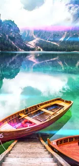 Serene turquoise lake with wooden boats reflecting mountains.