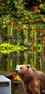 Brown bear and cub by a forested lake with a raven on tree.