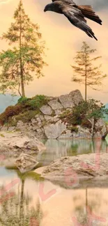 Flying bird over peaceful lake with trees and rocks.