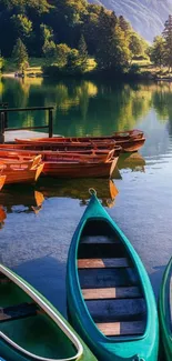 Colorful boats on a tranquil lake with lush greenery in a scenic view.