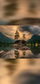 Lake scene with lightning at dusk over mountains and rocky islands.