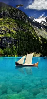 Serene lake with mountains and sailing boat.