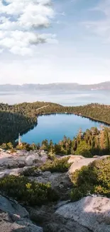 Scenic view of Lake Tahoe with clear blue water and surrounding mountains.