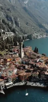 Picturesque Italian town with lake and mountains.