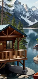 Lakeside cabin with mountain view background.