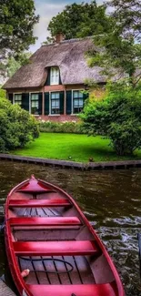 Mobile wallpaper of a red boat by a scenic lakeside cottage.