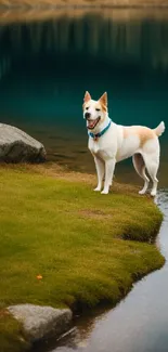 Dog standing by a serene lakeside, surrounded by nature.